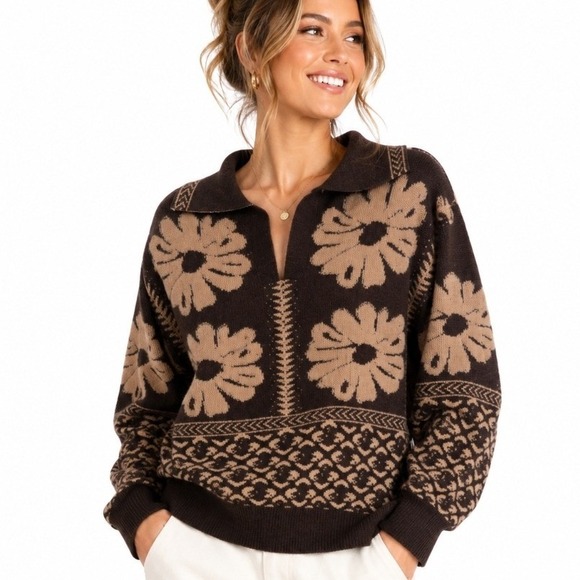 Chérie Collette Sweaters - Chérie Collette Brown Floral Knit Sweater Women's Large Boho